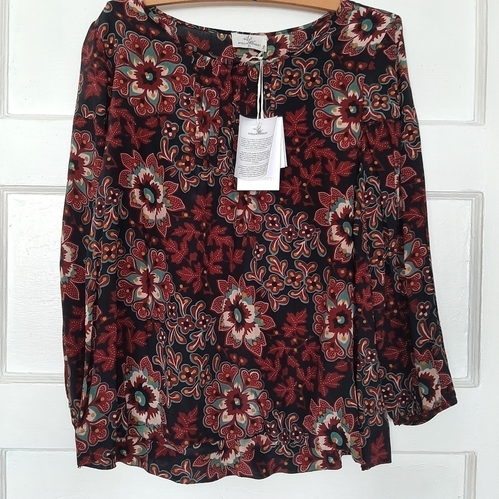 Stella Forest Designer Dark Floral Balinaise Tunic Top Popover Blouse